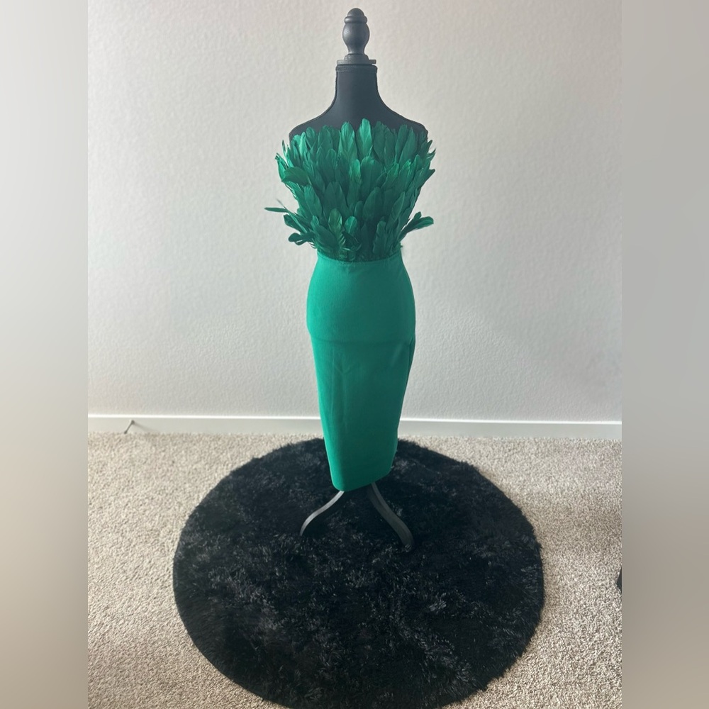 Emerald Feather-Trim Strapless Sheath Dress